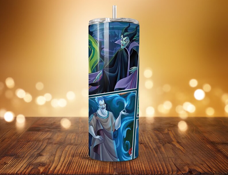 May include: A stainless steel tumbler with a colorful design featuring characters from Disney's animated films. The design includes Maleficent from Sleeping Beauty, Hades from Hercules, and Ursula from The Little Mermaid.