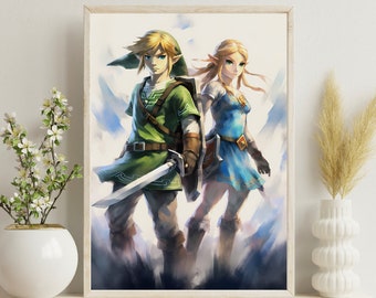 Zelda and Link Link Digital Print ~ Tears Of The Kingdom ~ Watercolors Poster~ Wall Decor~ High Resolution ~ Original artwork~ Zelda Fan Art