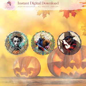 May include: Digital download featuring three circular designs with horror movie characters: Edward Scissorhands, Jason Voorhees, and Freddy Krueger. The image includes two carved pumpkins and text that reads "Instant Digital Download".