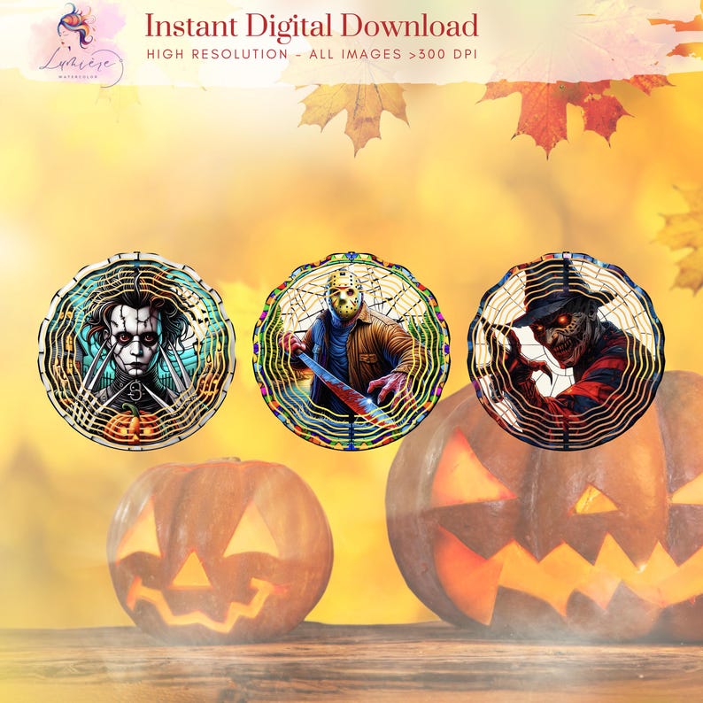May include: Digital download featuring three circular designs with horror movie characters: Edward Scissorhands, Jason Voorhees, and Freddy Krueger. The image includes two carved pumpkins and text that reads "Instant Digital Download".