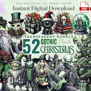 Op de afbeelding: Een set van 52 gotische kerstclipart-afbeeldingen. De afbeeldingen bevatten een verscheidenheid aan personages, objecten en symbolen, zoals de kerstman, een heks, een schedel, een kerstboom en een spookhuis. De afbeeldingen zijn allemaal in een donkere en griezelige stijl, met een groen-zwart kleurenschema.