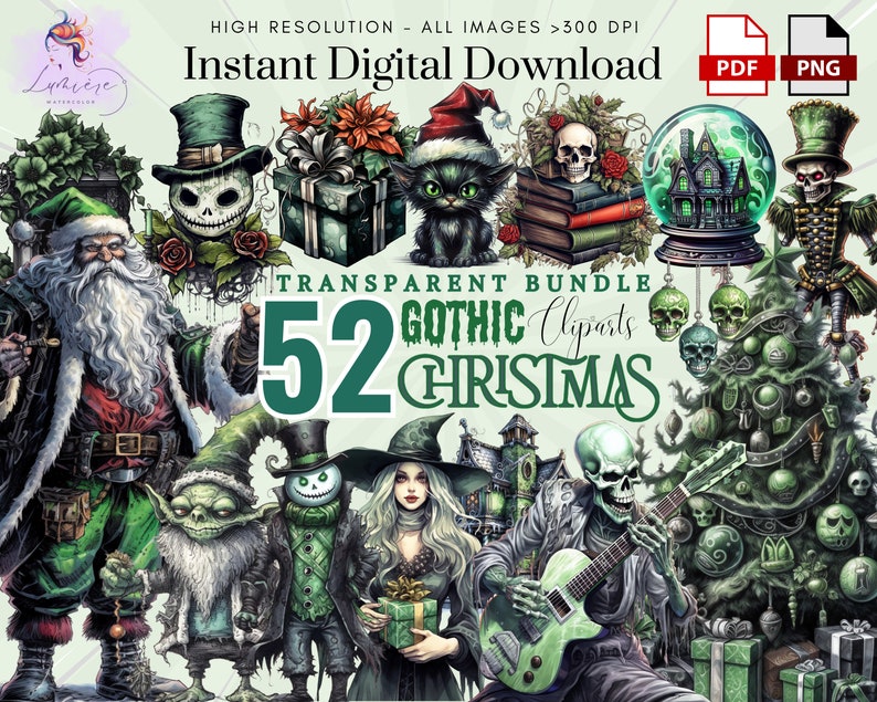 Op de afbeelding: Een set van 52 gotische kerstclipart-afbeeldingen. De afbeeldingen bevatten een verscheidenheid aan personages, objecten en symbolen, zoals de kerstman, een heks, een schedel, een kerstboom en een spookhuis. De afbeeldingen zijn allemaal in een donkere en griezelige stijl, met een groen-zwart kleurenschema.