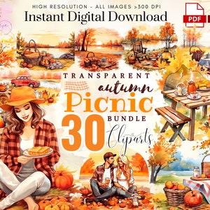 Herbst Picknick ClipArt ~ 30 Aquarell Herbst Picknick Szenen ~ Herbst Farben ~ Herbst im Freien ~ Scrapbook ~ Hohe Qualität Transparent PNG ~ Digital