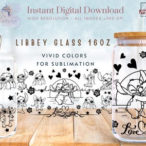 Cartoon Sti-tch 16oz Libbey Glass Can Wrap ~ Cartoon Silhouette Tumbler Wrap ~ SVG PNG ~ Love Tumbler~ Glass Can Sublimation Design~ Digital