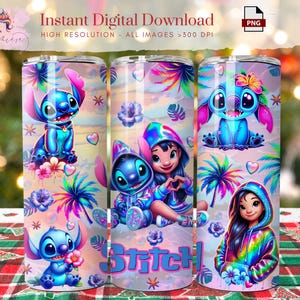 May include: Three stainless steel tumblers with a colorful design featuring the character Stitch. The tumblers have a light pink background with Stitch illustrations, palm trees, and floral accents. The text "Stitch" is displayed in a blue font.