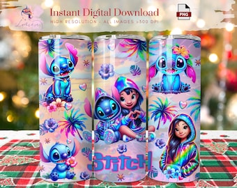 Cartoon Sti-Tch colorful 20oz Tumbler Wrap, Skinny Tumbler Wrap, Kids Tumbler, Neon Tumbler, Printable Design, Digital Download, Sublimation