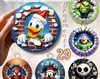 May include: Set of 6 Christmas ornaments featuring various cartoon characters peeking through a brick wall. The characters include Mickey Mouse, Donald Duck, Spiderman, Hulk, Buzz Lightyear, and Jack Skellington. The ornaments are round and have a blue, green, purple, black, and red background.