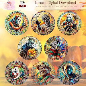 May include: A collection of digital downloads featuring colorful, stained-glass style illustrations of horror movie characters. The images include Jason Voorhees, Freddy Krueger, a zombie, and a clown. Text reads "Instant Digital Download" and "High Resolution - All Images >300 DPI".