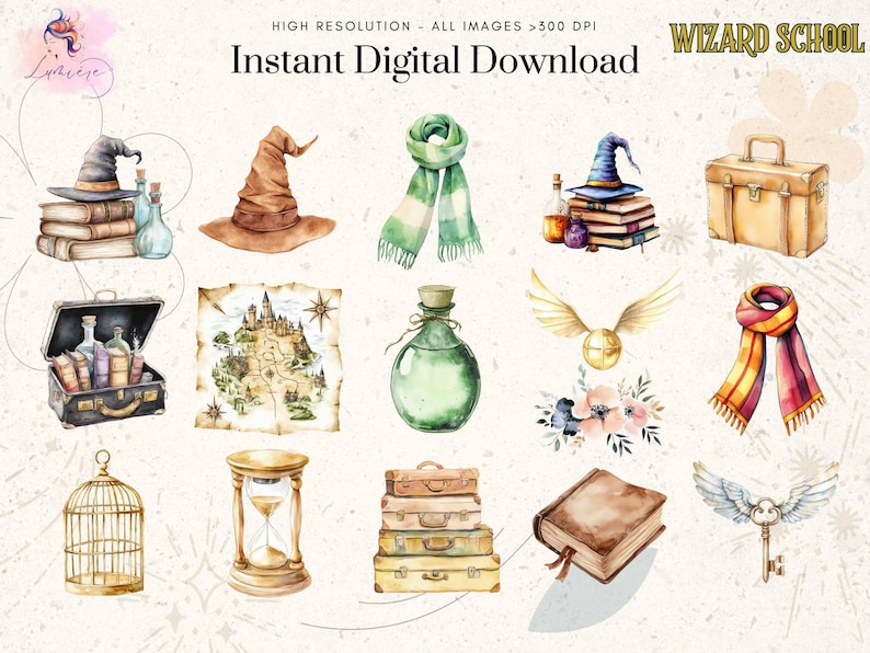 May include: A set of 15 watercolor illustrations featuring various magical school items, including a wizard hat, a map, a potion bottle, a golden snitch, a scarf, a suitcase, a cage, an hourglass, a book, and a key. The illustrations are perfect for creating magical projects.