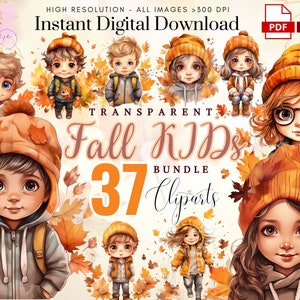 Fall Kids ClipArt~ 30 Watercolor Fall Children Png~ Kids Png~ Pumpkin Png~ Fall PNG~ Thanksgiving Png~ High quality transparent PNG~ Digital