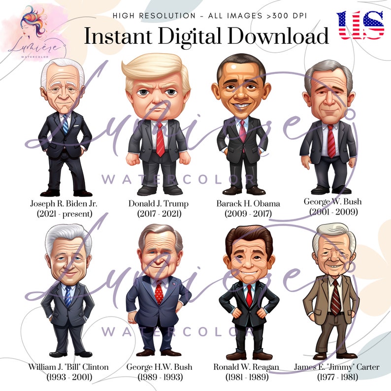 K&ouml;nnte beinhalten: Eine digitale Illustration von acht ehemaligen und aktuellen US-Pr&auml;sidenten. Die Pr&auml;sidenten sind in einem Cartoon-Stil dargestellt, wobei jeder Pr&auml;sident einen Anzug und eine Krawatte tr&auml;gt. Die Pr&auml;sidenten sind in zwei Reihen zu vieren angeordnet, wobei die Pr&auml;sidenten in der oberen Reihe Donald J. Trump, Barack H. Obama, George W. Bush und Joseph R. Biden Jr. sind. Die Pr&auml;sidenten in der unteren Reihe sind George H.W. Bush, Ronald W. Reagan, James E. 'Jimmy' Carter und William J. 'Bill' Clinton. Unter jedem Bild sind der Name des Pr&auml;sidenten und seine Amtszeit angegeben.