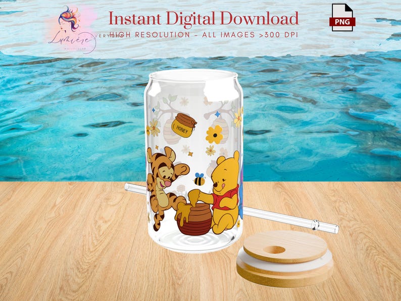 May include: A clear glass tumbler with a Winnie the Pooh and Tigger design. The tumbler has a straw and a lid. The design features Winnie the Pooh and Tigger with a pot of honey and flowers.