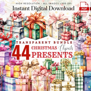 Magical Christmas Presents Clipart ~ 44 Watercolor Colorful Present ~ Decor ~ Junk Journal ~ High Quality Transparent PNG ~ Digital Crafting