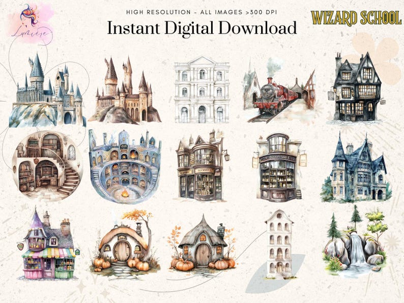 May include: A set of 12 watercolor illustrations featuring various buildings and scenes from a wizarding school. The illustrations include a castle, a train, a shop, a house, and a waterfall. The illustrations are in a whimsical style and are perfect for adding a touch of magic to any project.