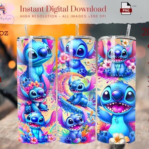 May include: A set of three 20 oz tumblers featuring a vibrant design of the character Stitch from Lilo & Stitch. The tumblers showcase Stitch in various poses with colorful floral and tropical backgrounds. The text "Instant Digital Download" is visible.