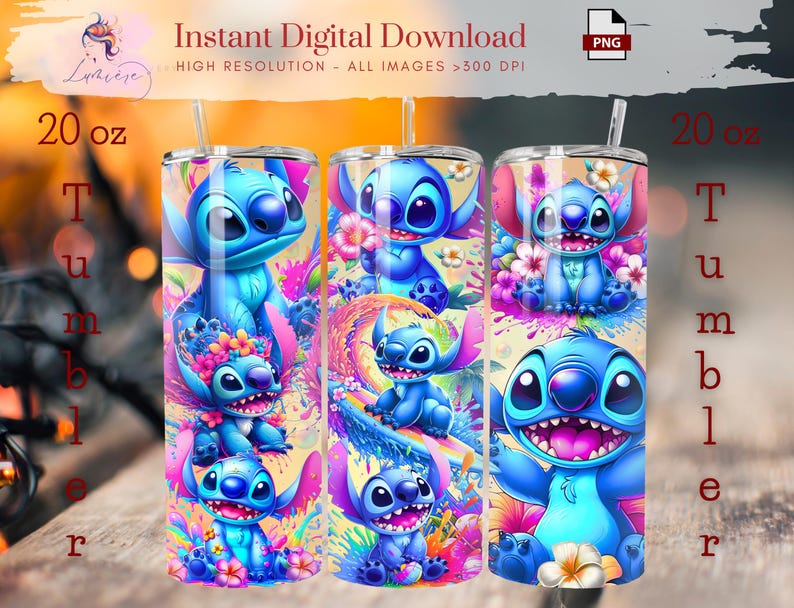 May include: A set of three 20 oz tumblers featuring a vibrant design of the character Stitch from Lilo & Stitch. The tumblers showcase Stitch in various poses with colorful floral and tropical backgrounds. The text "Instant Digital Download" is visible.