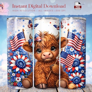 4th Of July Highland cow 20oz Tumbler Wrap, American Cow PNG, America, Patriotic, USA Fag, Digital Download, Sublimation