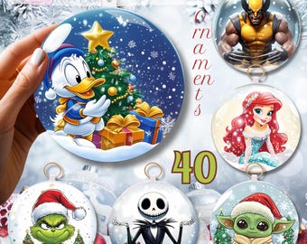May include: Set of six round Christmas ornaments featuring various characters. The ornaments are white with a clear, round, plastic-like dome on top. The characters include Donald Duck, Wolverine, Ariel, Jack Skellington, the Grinch, and Baby Yoda. The text "40 ornaments" is printed in white on a red background.
