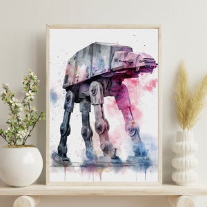 May include: A watercolor painting of a Star Wars AT-AT walker in shades of pink, blue, and gray. The walker is depicted walking forward with its legs extended.