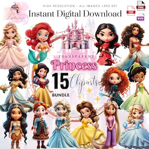 Princess Clipart~ 15 Cute Chibi Princesses Png~ Little Princess~ Princess Birthday Png~ Decal~ High quality Transparent PNG SVG PDF~ Digital