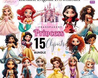 Princess Clipart~ 15 Cute Chibi Princesses Png~ Little Princess~ Princess Birthday Png~ Decal~ High quality Transparent PNG SVG PDF~ Digital