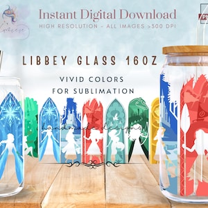 Princess 16oz Libbey Glass Can Wrap ~ Cartoon Princess 16 oz Tumbler Wrap ~ Summer Vibes ~ Glass Can Sublimation Design ~ Digital