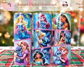 Cartoon Princesses & Sti-tch 20oz Tumbler Wrap ~ Skinny Tumbler Wrap ~ Princess Tumbler ~ Tumbler Printable Design ~ Digital ~ Sublimation