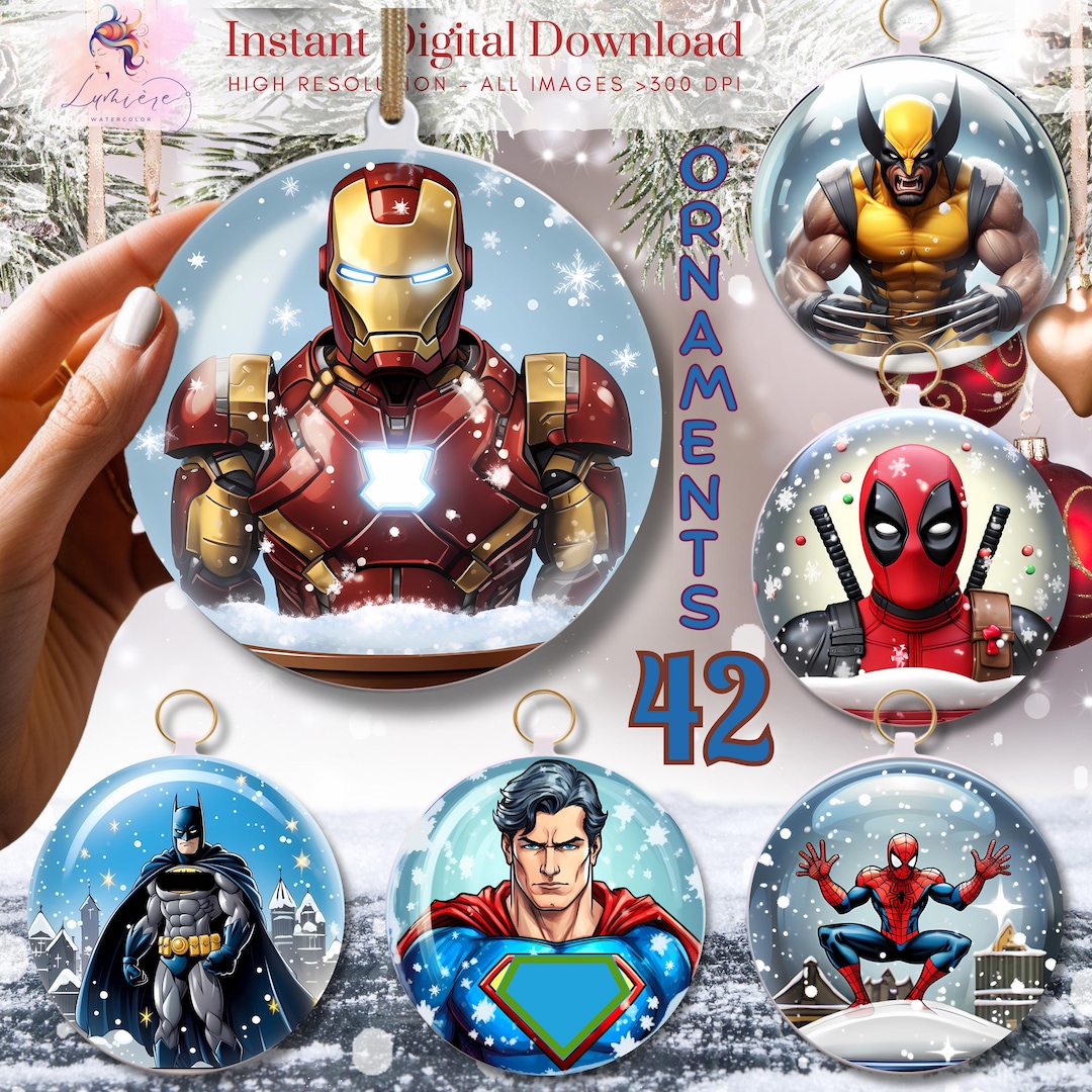 3D Christmas Superheroes Ornaments ~ Snowglobe Ornaments ~ Printable Round Design ~ Xmas Decor ...
