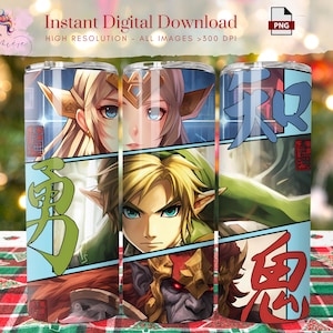 May include: A set of three sublimation tumblers featuring a colorful anime-style design with characters from the Legend of Zelda video game series. The design includes the characters Link, Zelda, and Ganondorf. The tumblers are blue, green, and red with Japanese characters on each.