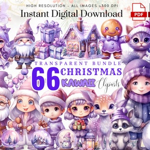 May include: A set of 66 digital clipart images featuring cute, cartoon-style Christmas characters and objects. The characters are drawn in a kawaii style and are mostly purple and white. The images include a gingerbread person, a snowman, a reindeer, a cat, a gnome, a girl, a boy, a house, and a variety of Christmas presents.