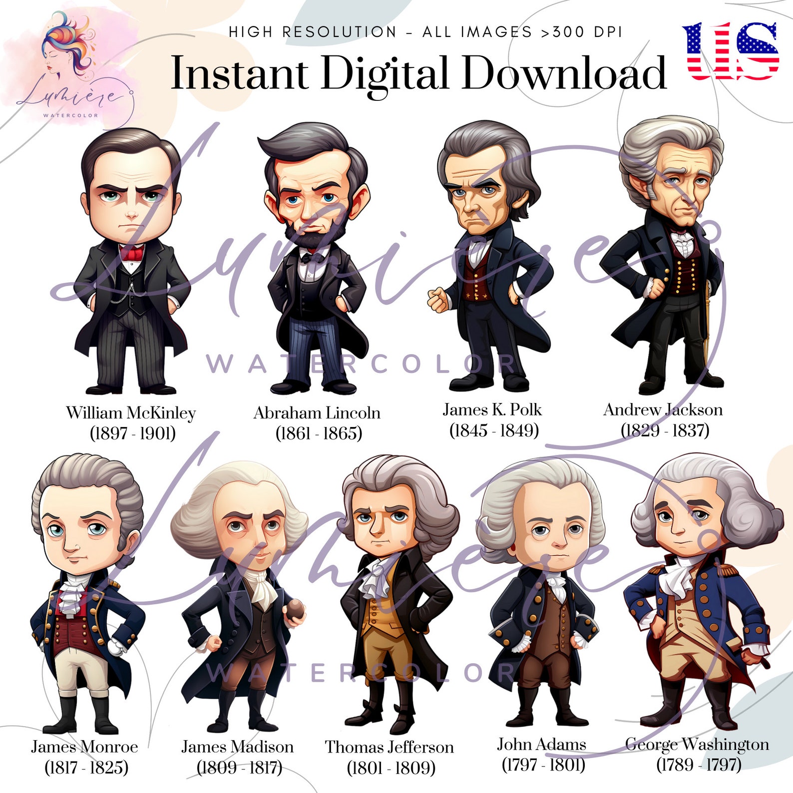 President Mini Clips US Presidents Clipart~set of 25 Cute President Caricatures ~capital ...