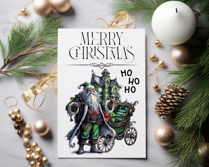 Op de afbeelding: Een kerstkaart met een cartoonillustratie van Sinterklaas in een groen-zwart pak, die een koets trekt met een spookhuis. De kaart heeft de tekst "Merry Christmas" en "Ho Ho Ho" in zwart.