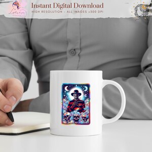 May include: White ceramic mug featuring a colorful illustration of a horror movie character with a hat and striped sweater, surrounded by skulls and a celestial background. The mug has the text "Instant Digital Download" and "High Resolution - All Images >300 DPI".
