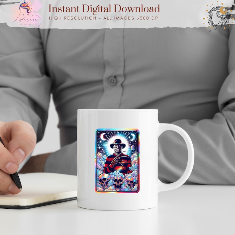 May include: White ceramic mug featuring a colorful illustration of a horror movie character with a hat and striped sweater, surrounded by skulls and a celestial background. The mug has the text "Instant Digital Download" and "High Resolution - All Images >300 DPI".