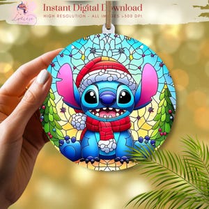 May include: A round Christmas ornament featuring Stitch from Lilo & Stitch in a Santa hat and scarf. The ornament has a stained-glass effect with a Christmas tree and the text "Instant Digital Download".