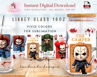 Halloween 16oz Libbey Glass Can Wrap ~ Monsters Glass Can Wrap ~ Horror Characters ~ Halloween Glass Can Sublimation Design ~ Digital