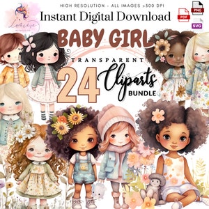 Cute Baby Girls ClipArt~ Set of 24 Watercolor Chibi Cute Girl ~ Nursery Decor Png~ High quality Transparent Images~ Junk Journal~ Digital