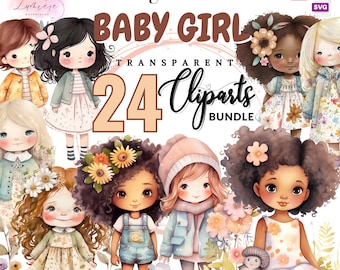 Cute Baby Girls ClipArt~ Set of 24 Watercolor Chibi Cute Girl ~ Nursery Decor Png~ High quality Transparent Images~ Junk Journal~ Digital