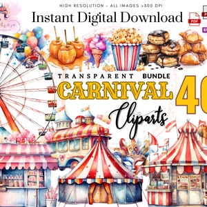 Carnival ClipArt~Watercolor magical Carnival Stalls~Ferris wheel ~Cotton Candy~ High quality transparent images SVG~ Instant Download