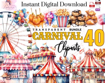 Carnival ClipArt~Watercolor magical Carnival Stalls~Ferris wheel ~Cotton Candy~ High quality transparent images SVG~ Instant Download