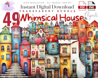 May include: A digital download of 49 whimsical house illustrations. The houses are colorful and have a variety of styles, including traditional, modern, and Victorian. The illustrations are perfect for use in scrapbooking, card making, and other craft projects.