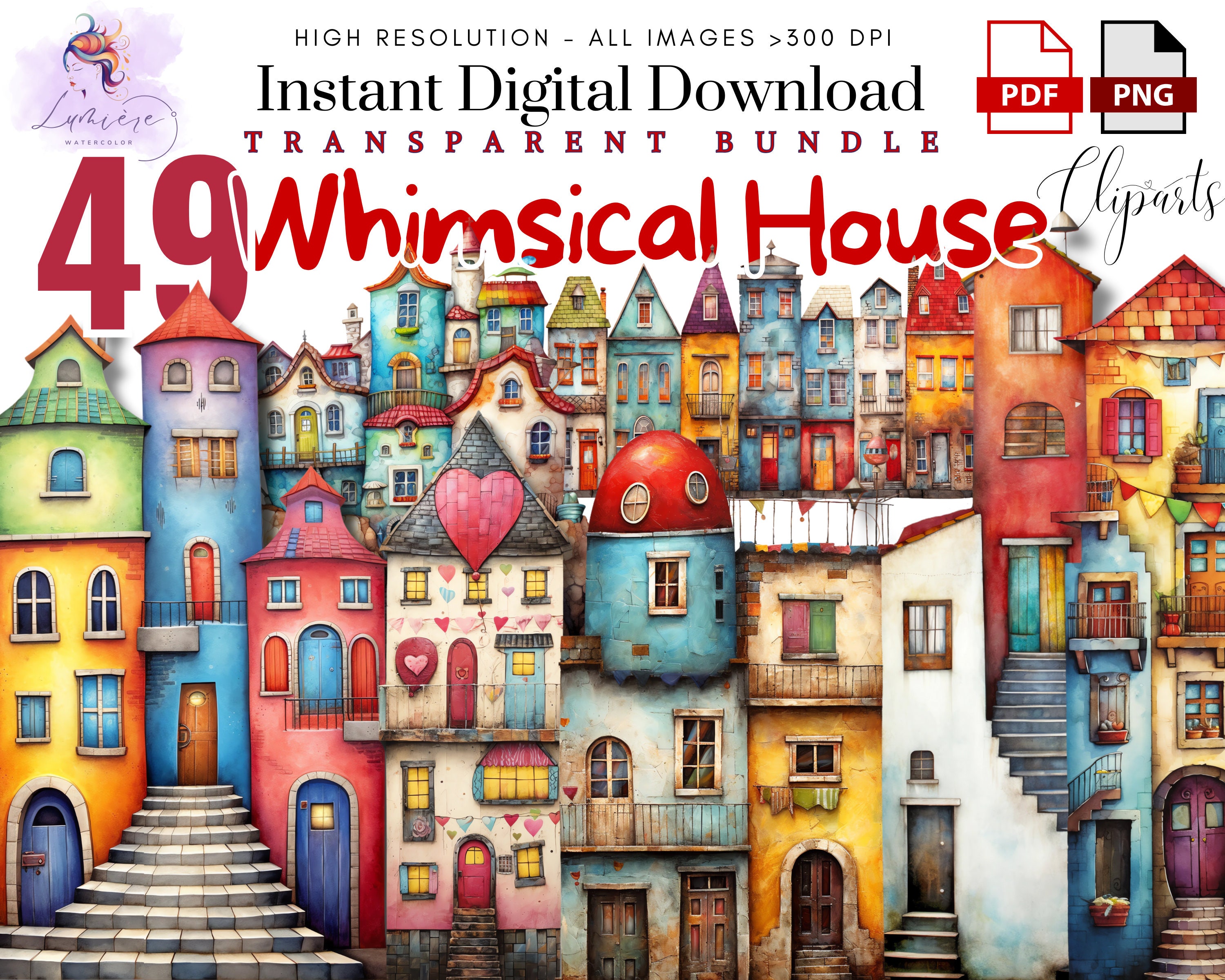 Whimsical Houses ~ 50 Unique Set of Mixed Media Houses PNG ~ Paper ...