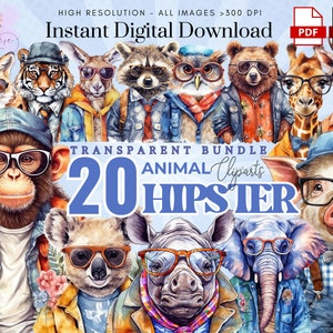 Hipster Animal Clipart~ 20 Watercolor Hipster Cool Animal PNG~ Gorilla~ Panda~ junk journal~ Birthday~ High Quality Transparent PNG~ Digital