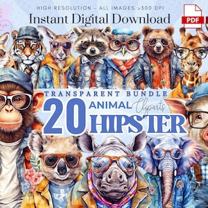 Hipster Animal Clipart~ 20 Watercolor Hipster Cool Animal PNG~ Gorilla~ Panda~ junk journal~ Birthday~ High Quality Transparent PNG~ Digital