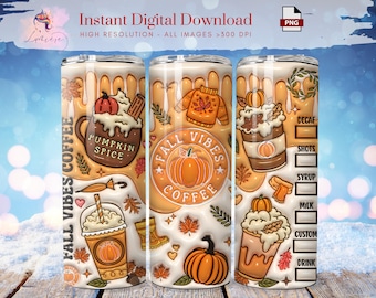 May include: A digital design for a 20 oz tumbler featuring fall-themed illustrations. The design includes pumpkins, coffee cups, leaves, and the text "Fall Vibes Coffee" in a warm color palette. The design also includes the text "Instant Digital Download".