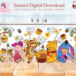 May include: A digital download of a Winnie the Pooh themed design featuring Piglet, Tigger, Winnie the Pooh, and Eeyore. The characters are surrounded by honey pots, bees, and flowers. The design is 9.4 inches wide and 4.1 inches tall.