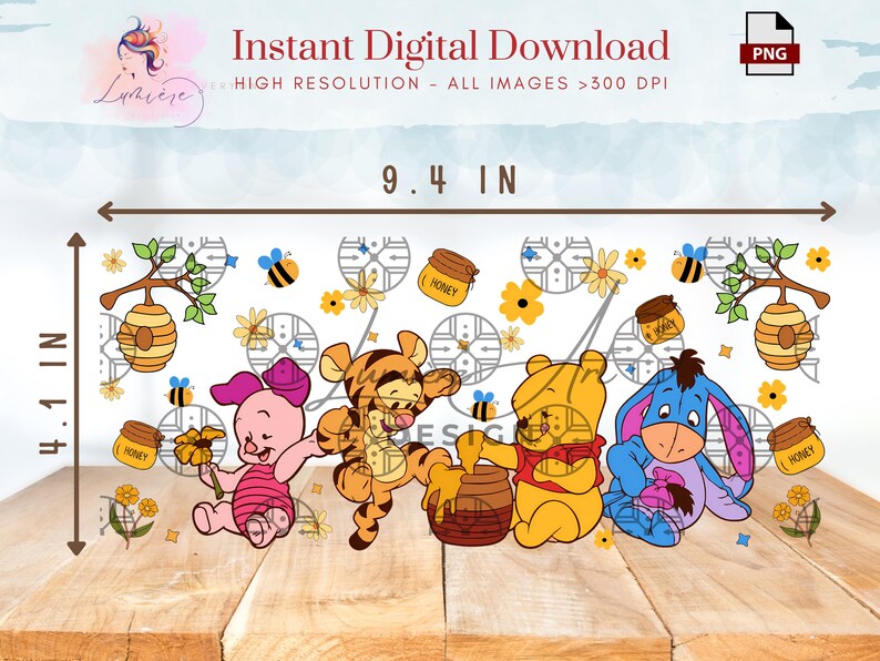 May include: A digital download of a Winnie the Pooh themed design featuring Piglet, Tigger, Winnie the Pooh, and Eeyore. The characters are surrounded by honey pots, bees, and flowers. The design is 9.4 inches wide and 4.1 inches tall.