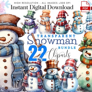 Christmas Snowman Clipart ~ 22 Watercolor Checkered snowman ~ Marry Christmas~ Noel Sublimation~ High Quality Transparent PNG~ Digital Craft