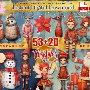 Whimsical Christmas Clipart ~ Unique Quirky mixed Media Christmas Characters and Papers ~ Card Making ~ Junk Journal~ High Quality ~ Digital