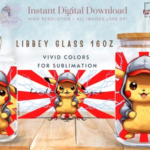 Cartoon Yellow Pok 16oz Libbey Glass Can Wrap ~ Cartoon Character Tumbler Wrap ~ Thunder ~ Cartoon Glass Can Sublimation Design ~ Digital